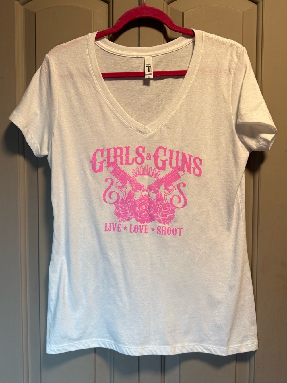 Women's White V-Neck Graphic Tee - Pink Print